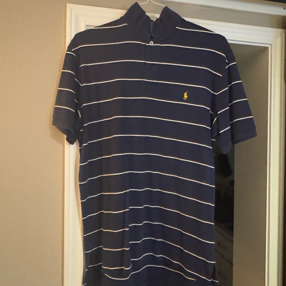 Mens medium. Navy polo with white strips. Good condition